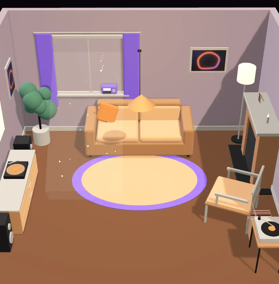 A Moment rebuilt as a small 3D living room: a sofa, a rug, a record player and a radio with notes rising from it.